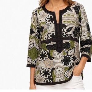 Charter Club Women Size 16 Beaded Split Neck Cotton Tunic Top Brown Green Floral